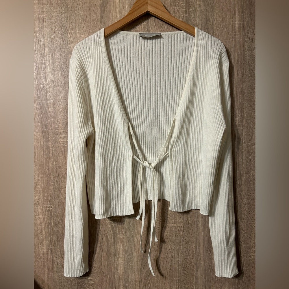 Everlane Cream Double Tie-Front Ribbed Cardigan Size XL Wool Cotton
